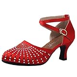 X-Shoes Lady Closed Toe Ankle Strap Wrap Latin Shoes Wedding Mid Heel Dance Heels Red Size: US10/AU10/UK8/EURO40/CN42