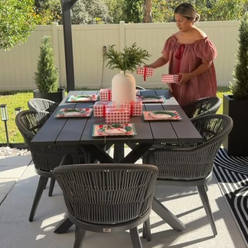 Image of PURPLE LEAF 7 Pieces Patio Dining Set with Outdoor Aluminium Dining Table and Woven Rattan Chairs Modern Metal Furniture Cushions Sets for Garden Yard Indoor Decor Kitchen Grey