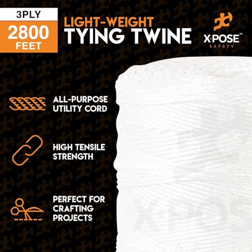 Polypropylene Tying Twine - 3 Ply White Plastic Poly Twine String 2800' Roll - Soft On Hands - Heavy Duty Outdoor & Indoor Tie Line - Baling, Shipping & Bundling Twine, Packaging Rope