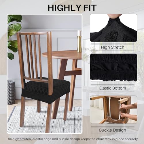 Image of SearchI Stretch Dining Chair Seat Covers Set of 6, Soft Removable Washable Seat Covers for Dining Chairs, Dining Room Seat Cover Slipcover Protector (Rear-Covered, Black Diamond Jacquard)