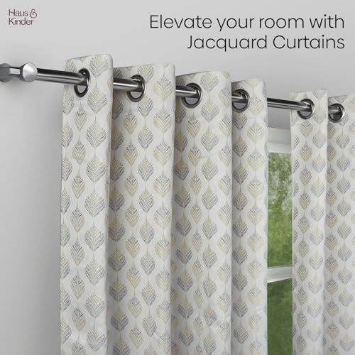 Image of haus & kinder Jacquard Door Curtains 7 Feet Long Pack of 2 Door Curtains, 7 Feet Curtains for Door (Silver Leaf, Grey Floral Nature Design 130x213 CM)