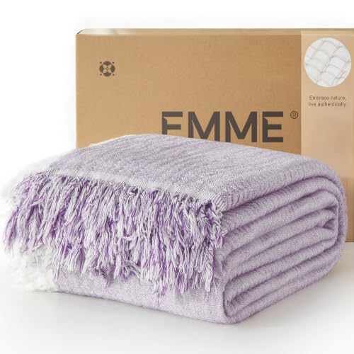 Image of EMME Muslin Queen Blanket with Tassels, 100% Cotton Gauze, Purple, 80 inchx90 inch | Soft Breathable Gauze Throw, Lightweight, Cozy for Adults Couch Sofa Bed, Gifts for Women Mom, Boho Home Decor, All Season