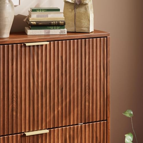 Image of Evermagin 31.5''W Walnut Shoe Cabinet Storage for Entryway, Fluted Slim Shoe Dresser with 2 Flip Drawers, Narrow Shoe Rack Cabinet, Hidden Shoe Organizer Cabinet for Entrance, Hallway
