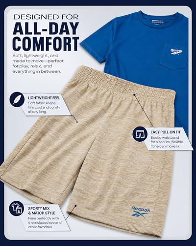 Image of Reebok Boys Athletic Shorts Set - 2 Piece Summer Clothes Outfit with Graphic Tee and Boys Basketball Shorts for Active Kids