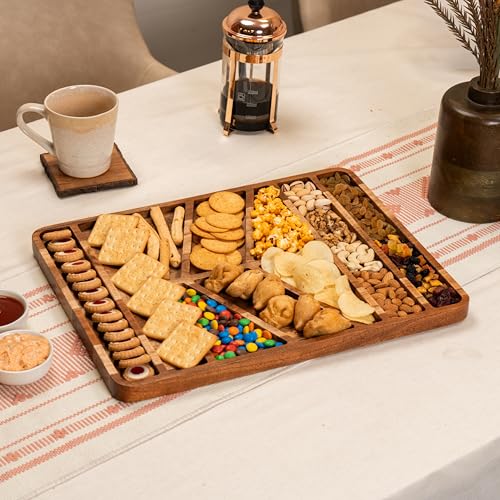 Image of Spread Serving Platter - Handcrafted Acacia Wood Platter with Sections - Rectangular Serving Board for Cheese, Fruits & Appetizers (16x8x0.59 inches)