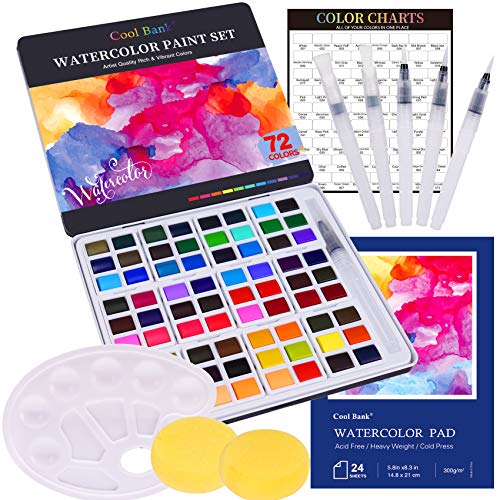 Watercolor Paint Set, 72 Vivid Colors with 6 Watercolor Brushes,1x24 Page Pad,2 Art Sponges,1 Palette, Portable Art Painting for Beginners and Professionals