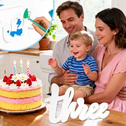 Image of 3rd Year Birthday Three Sign Wooden Table Centerpiece for Third Birthday DIY Party Decorations Photo Booth Prop White Letter 32 x 16 cm