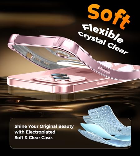 Image of Soft Case for iPhone 15 with 360 Rotating Magnetic Stand, Compatible with Mag-Safe, 4X MIL-Drop Protection, Lightweight Glossy Anti-Yellowing Clear Back Phone Cover for iPhone 15 6.1 inch, Pink