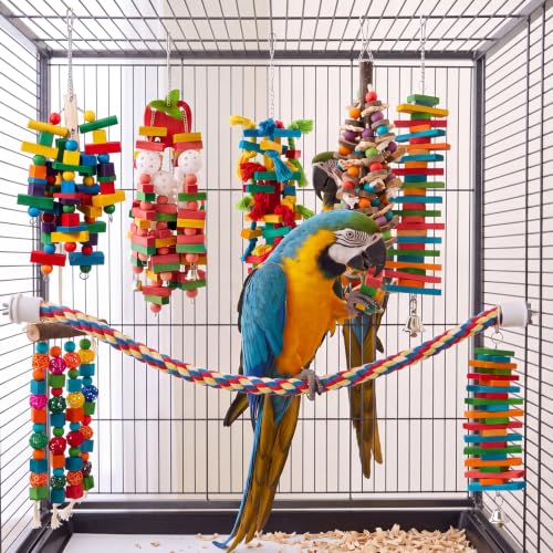Image of Seenelling 8 Pcs Extra Large Bird Toys for Parrots, Mixed | Multicolored Natural Wooden Blocks & Beads Bells, Bird Cage Chewing Toys for Large Medium Macaws African Grey Cockatoos