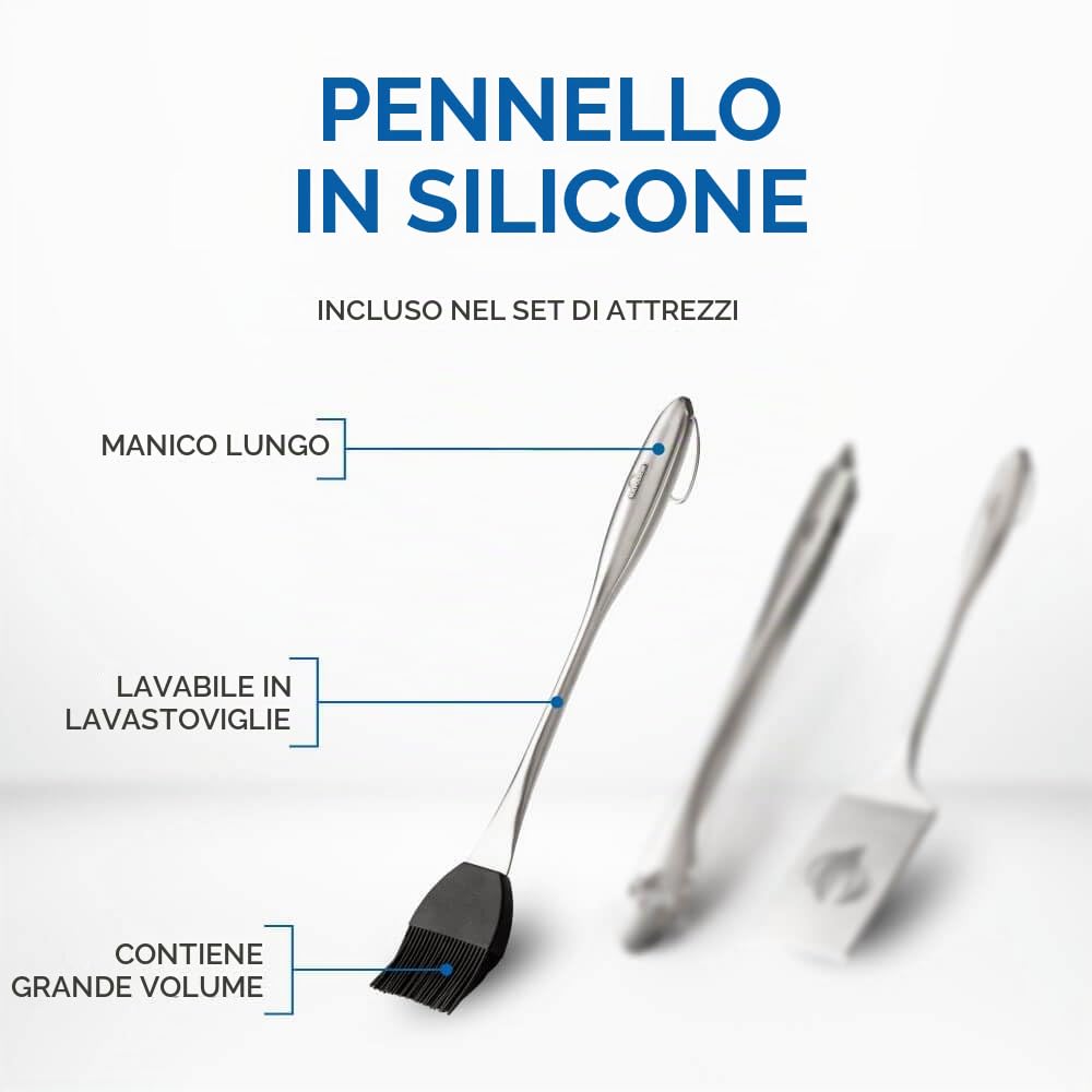 Napoleon Accessori PRO - Set di Attrezzi in Acciaio Inox 3 Pezzi – Premium BBQ Grill Grill Set di Utensili in Acciaio Inox pressofuso, con Pinza, spatola Multifunzione, Pennello da Forno