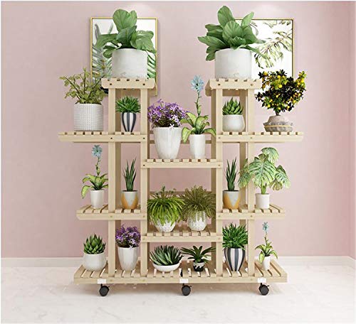 ZZHJ Solid Wood Flower Stand, Modern And Simple Multi-level Living Room Study Office Balcony With Wheel Plant Stand Pot Rack (log Color) B