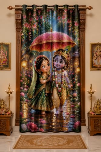 Image of Radha Krishna Digital Print Eyelet Curtain| 9Ft 1pc| Home Temple Decor