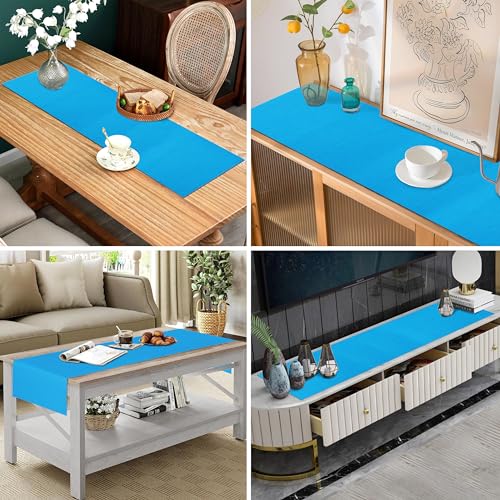 Image of HOME COLORS.IN Solid Color Texture Ribbed Cotton Table Runner for Dining Table, Teapoy, TV Table, Coffee Table, Center Table - Modern Dining Room - Table Decor Runner - 14 x 52 Inch - Turquoise Blue
