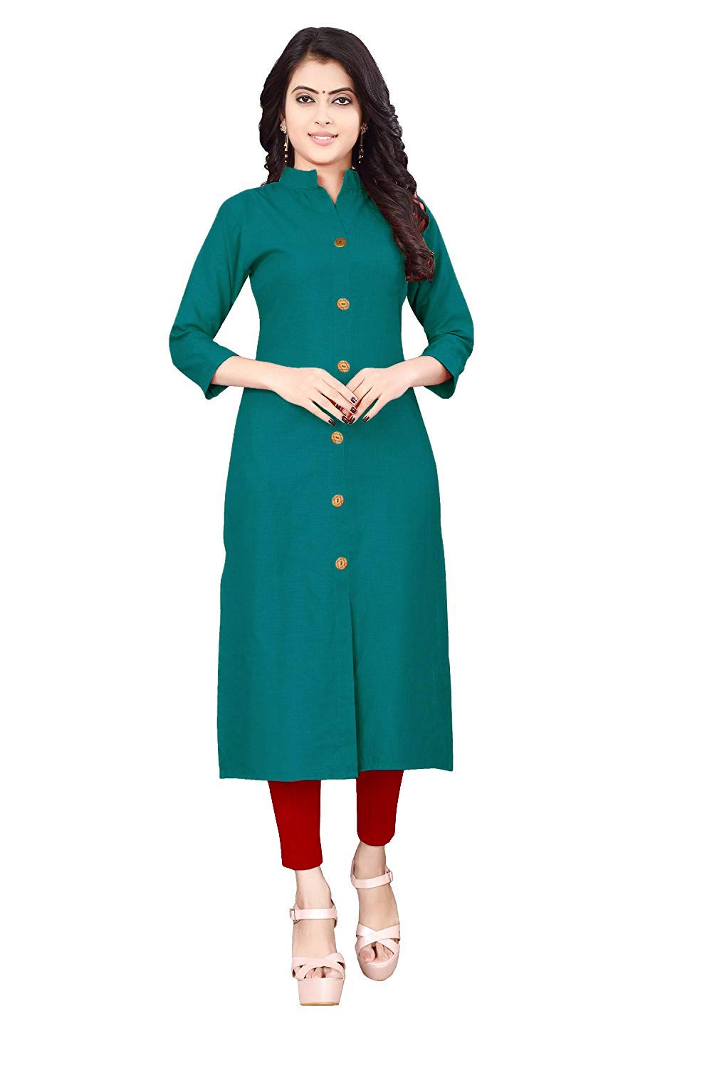 elinekart Cotton Blend Straight Fit Plain and Solid Front Slit Mandarin Collar Kurtis Top for Women with Button Pattern-picture-32