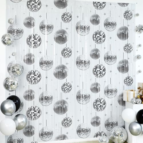Image of 3 Pack Disco Party Decorations Disco Ball Backdrop Tinsel Foil Fringe Curtains Bachelorette Party Decor 3.3 x 6.6 ft Glitter Photo Booth Props for 70s 80s Hip Hop Birthday Supplies