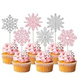 Rsstarxi 雪の結晶 カップケーキトッパー グリッター ウィンターワンダーランド テーマ カップケーキピック 雪の結晶 ケーキ デコレーション 冬 アナと雪の女王 ベビーシャワー 誕生日パーティーデコレーション シルバーピンク 24個パック