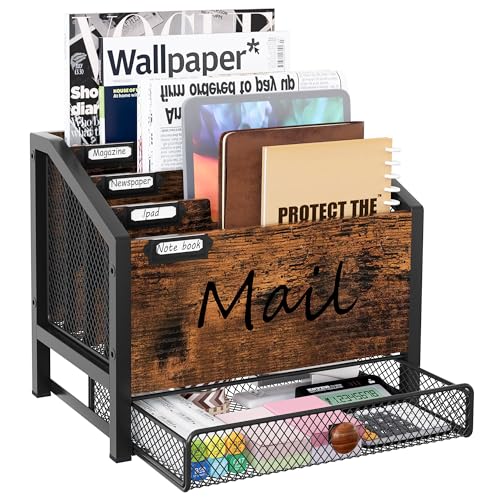 Rivosar Letter Rack with Drawer 4 Slots Wooden Desk Tidy Organiser Black