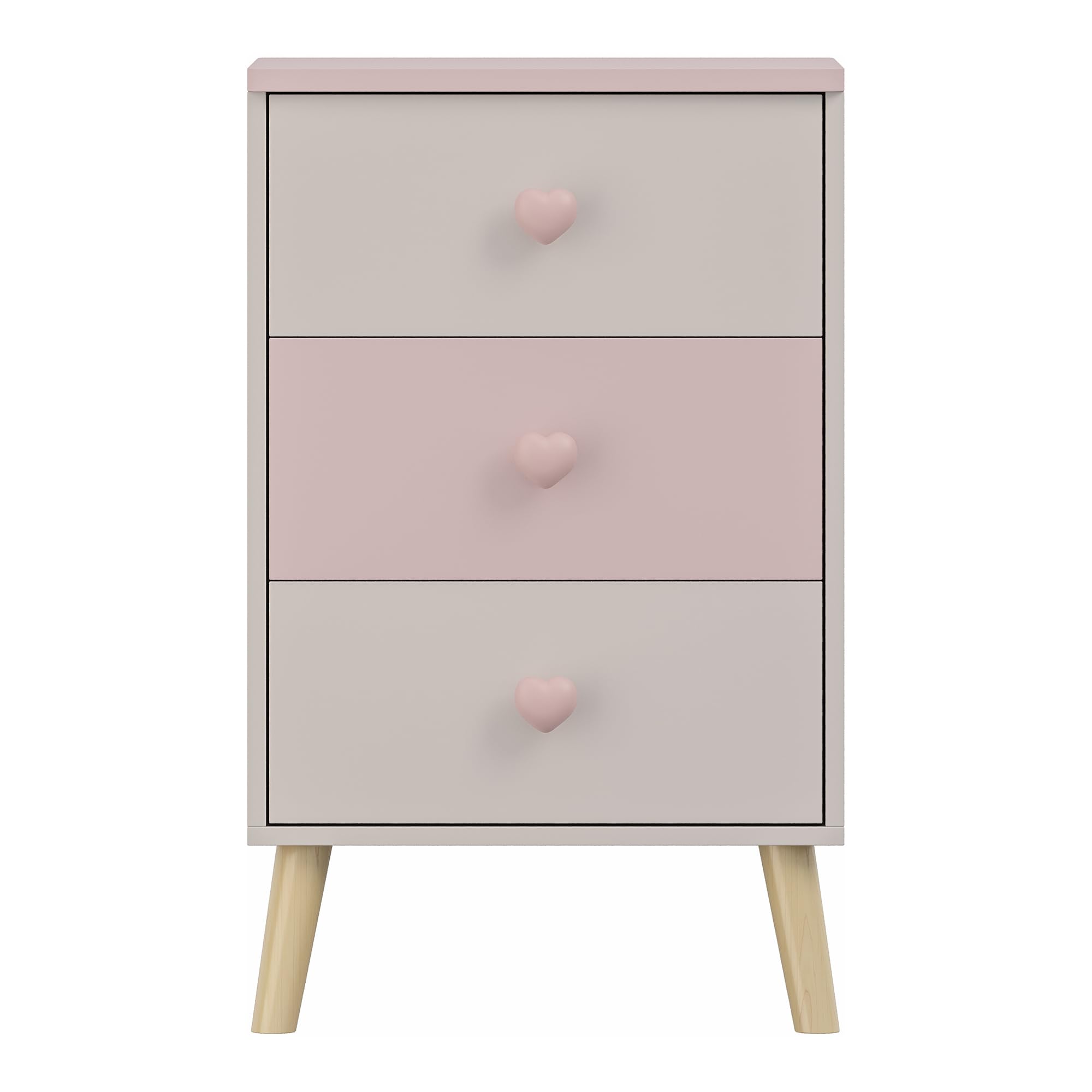 [en.casa] Mesita de Noche Infantil Sandnes Cajonera Mesa Auxiliar para Niños con 3 Cajones Pomo en Forma de Corazón para Habitación Infantil Sala de Juegos MDF/Pino 62 x 38 x 30 cm - Blanco/Rosa
