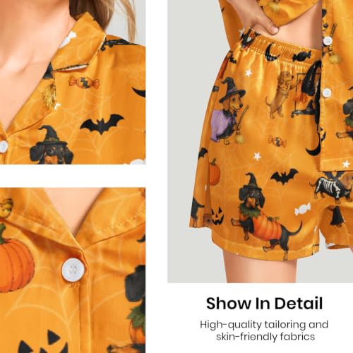 Image of Funny Pajamas for Women Set Print Satin Loungewear Pjs Short Sleeve Button Down Top and Shorts Sets Sleepwear XS-3XL