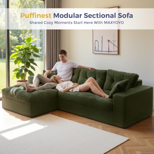 Image of MAXYOYO 96 inch L Shaped Modular Sectional Sofa with Ottoman, Cloud Boneless Couch with Layered Cushion, Upholstered Sofa in a Box, Flexible Module Combination for Living Room, No Assembly, Dark Green