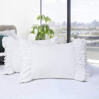 HIG Pack of 2 Farmhouse Ruffle Pillow Shams White Standard 20x26 - Boho French Country Vintage Microfiber Shams