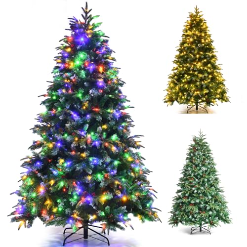 GYMAX 5FT/6FT/7FT Pre-Lit Artificial Christmas Tree, Hinged Xmas Tree with 581/899/1315 Branch Tips, 250/350/450 LED Lights, Pine Cones & Red Berries, 11 Lighting Modes, Holiday Decor Tree (7FT)