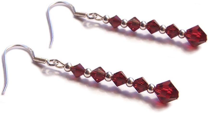 LunarraStarWomen 925 Sterling Silver Ruby Red Crystal Drop Beaded Earrings Pierced