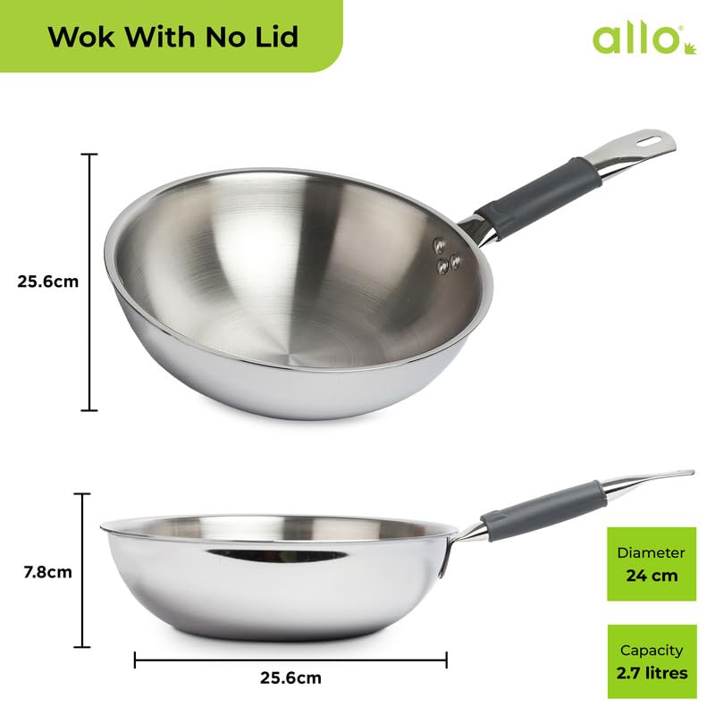 Image of Allo Triply Stainless Steel Wok for Deep Fry /Stir Fry /Dry Veg /Saute /Chinese Wok Cooking /Noodles Induction Friendly Naturally Non-Stick | 10 Years Warranty, 24Cm, 2.7 Litre,Silver