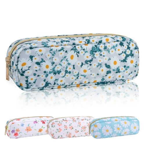 Nylon Floral Small Makeup Bag Slim Pouch, Cute Preppy Makeup Brush Bag Portable Make up Pouch with Zipper, Waterproof Travel Toiletry Bag Coin Purse Storage Organizer for Women Girls(Green Daisy)