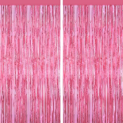 Pink Tinsel Backdrop Foil Fringe Curtains - 2 Packs Door Streamers Backdrop for Birthday Door Decorations Party Supplies for Wedding Anniversaries Christmas Valentines Day Decorations