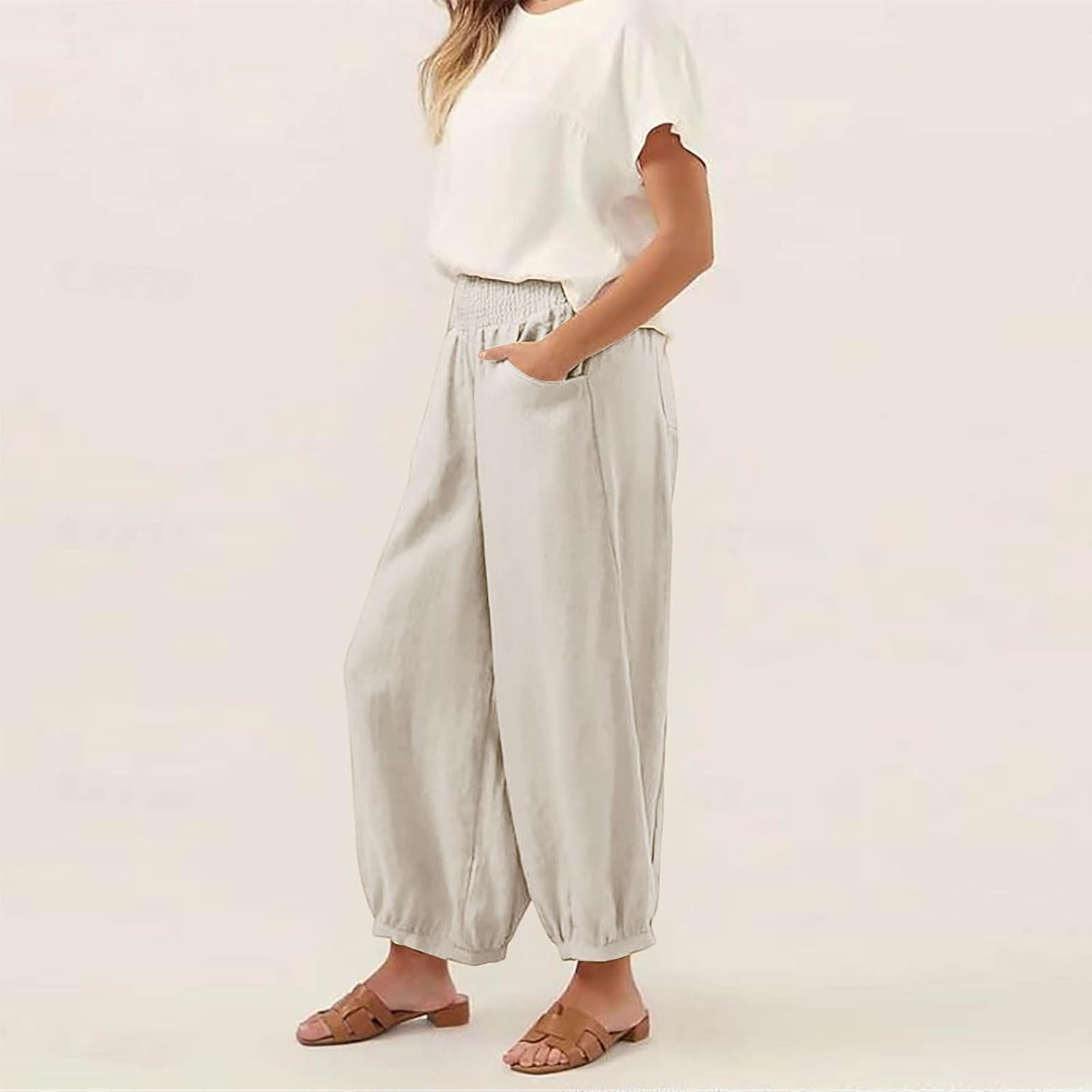 Women's Cotton Linen Casual Pants High Waist Loose Drawstring Lounge Pant Summer Boho Wide Leg Trousers with Pockets