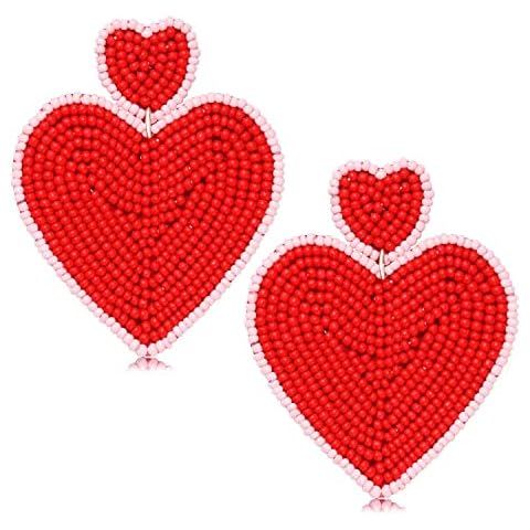 Heart Earrings for Women Hypoallergenic Beaded Statement Dangle Earrings Boho Handmade Red Love Heart Bead Drop Dangling Earrings Valentine’s Day Earrings Jewelry Gift Cover