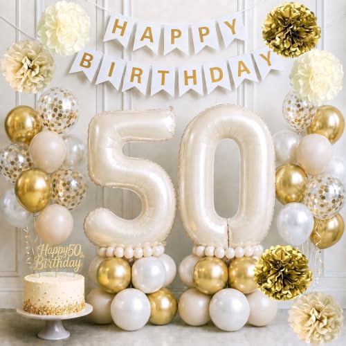 50th Birthday Decorations for Women, Champagne Gold Beige Number 50 Balloon