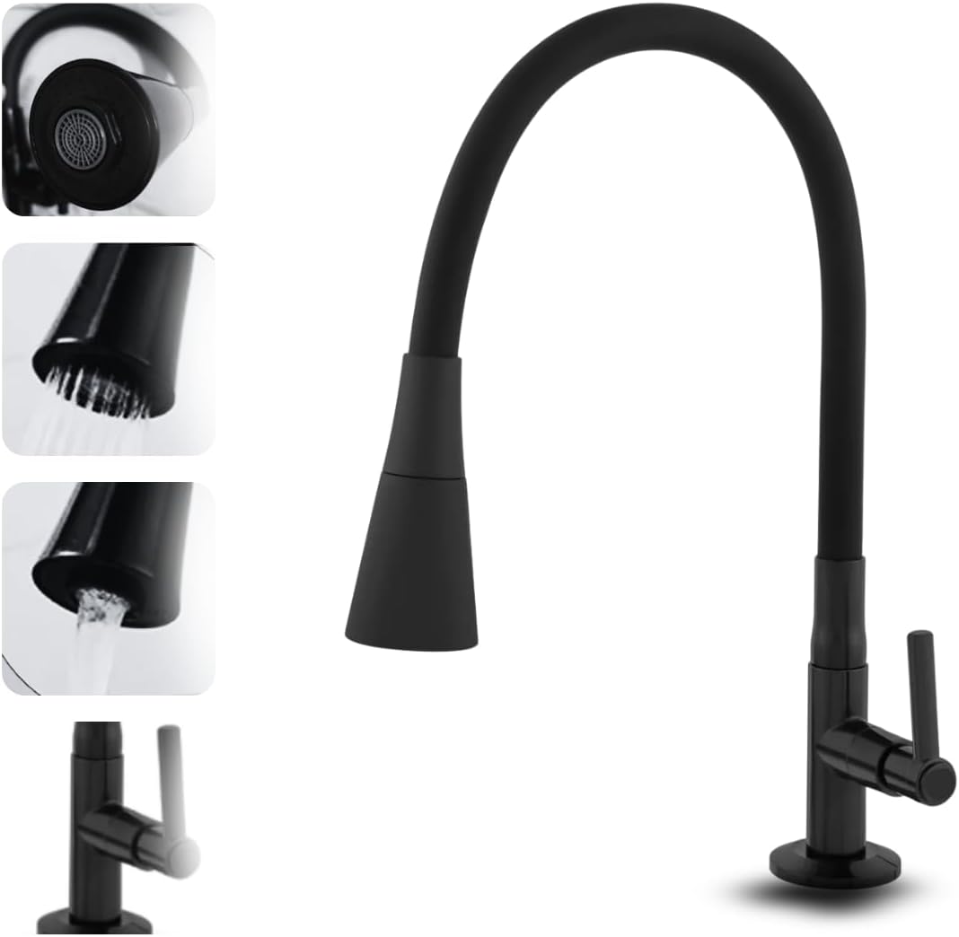 Torneira Gourmet para Bancada Cozinha, Flexível, Base Metálica, 2 Jatos, Preta MZcell