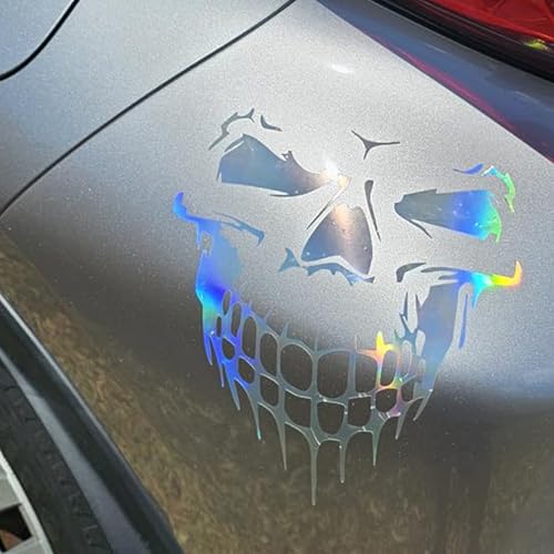 Image of Holographic Laser Skull Graphic Car Hood Sticker Self-Adhesive Vinyl Graphics Decals Scratch Hidden Car Sticker 19.68'' x 21.65'', Colorful