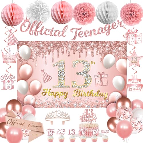 Image of 13th Birthday Decorations for Girls, 13 Birthday Girl Decorations include Official Teenager Decorations Banner, Backdrop, Hanging Swirls, Balloons, Paper Pompoms, Crown And Sash