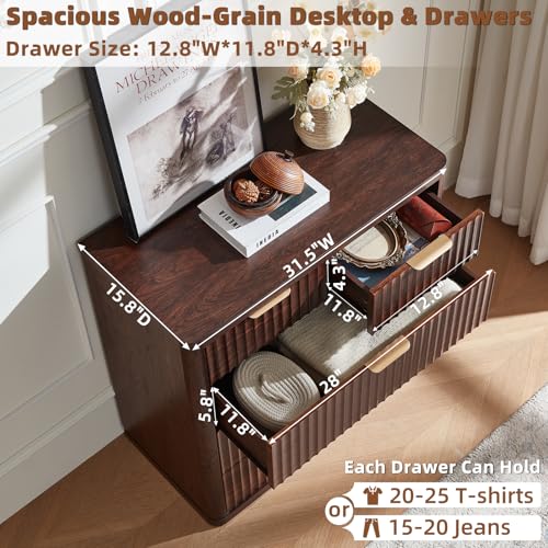 Image of LEYAOYAO Fluted 5 Drawers Dresser for Bedroom Set of 2, 34 inch Tall Modern Chest of Drawers with Metal Handle, Curved Profile Design,Wood Drawer Organizer for Bedroom, Living Room, Hallway,Walnut