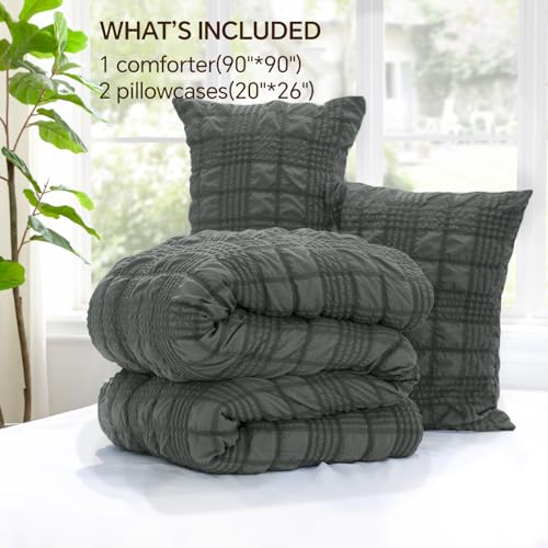Image of BEDELITE Queen Comforter Set, Seersucker Bedding Set 3 Pieces, Dark Grey | All Season Use, Machine Washable, Soft and Lightweight, Ruched Comforter for Bedroom, Wrinkle-Resistant, Cozy and Stylish