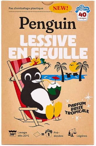 Penguin Lessive en feuille – Lessive feuille solide, pré-dosée et légère, Accessoire voyage, Sans emballage plastique – Lavage à la main et en machine...