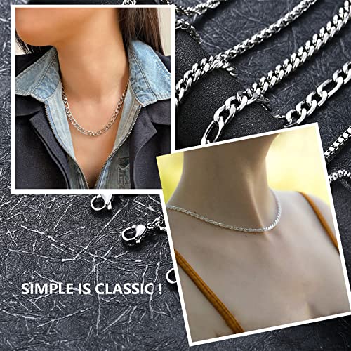6 Pcs Silver Chains, Stainless Steel Cuban Link/Rope/Box/Figaro/Square Rolo/Wheat Chain Necklace Jewelry Set for Men Women4
