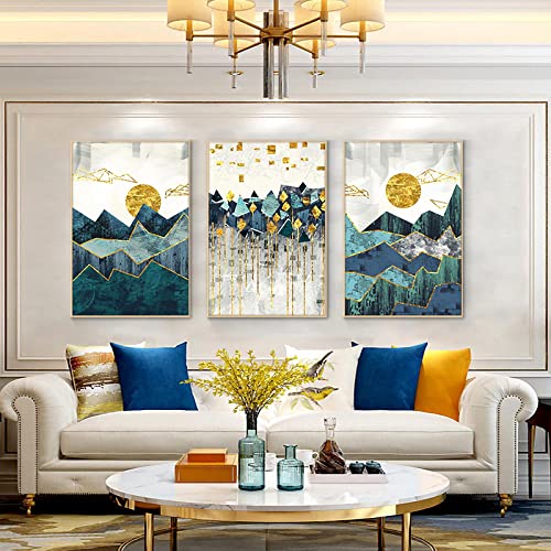 Peinture abstrait mur art photo pour salon chaleureux et lumineux triptyque montagne or