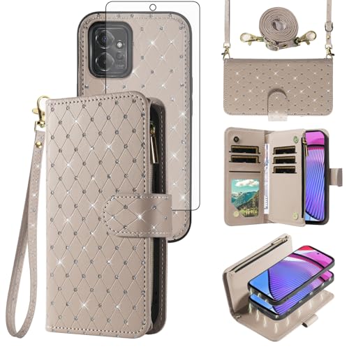 Compatible with Motorola Moto G Power 5G 2023 Wallet Case Zipper Cell and Tempered Glass Screen Protector Crossbody Strap Glitter Flip Card Holder Phone Cover for GPower G5 Women Girls Grey