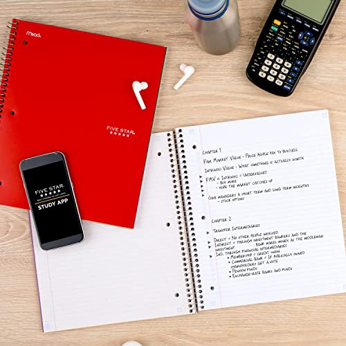 Five Star Spiral Notebook + Study App, 5 Subject, College Ruled Paper, 11" X 8-1/2", 200 Sheets, Red, 1 Count (72077) #TOP7