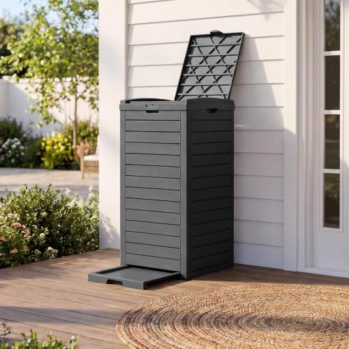 WTFGO Outdoor Trash Can with Lid, Waterproof Plastic Outdoor Garbage Can with Drip Tray,Large Trash Can Outside for Patio, Garage, Pool, Garden, Backyard & Deck, Black (32 Gallon) - image 6