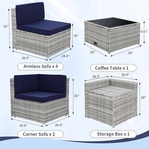 Image of KROFEM 8 Piece Patio Furniture Set, Outdoor Modular Conversation Set | UV Treated Wickers, Machine Washable Cushions, Seats 6, 2 Hidden Storage Compartments, Rustproof Frame, Waterproof, Blue