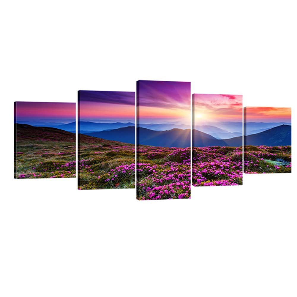Wieco Art 5 Piece Giclee Canvas Prints Wall Art Large Modern Gallery Wrapped Mountains in Sunrise Artwork Purple Landscape Pictures Paintings Ready to Hang for Bedroom Dining Room Decorations L