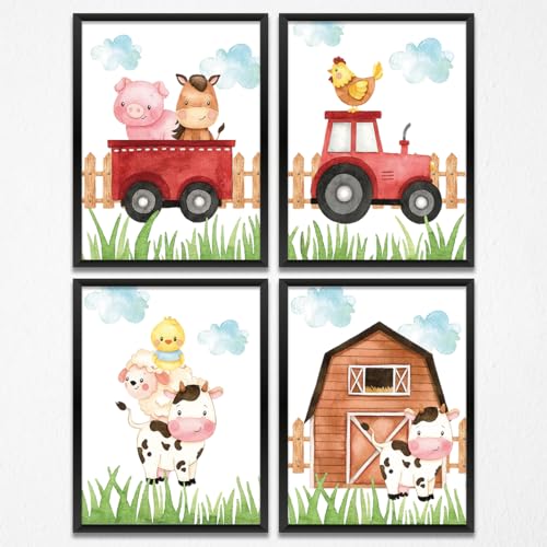 Image of 4PCS Watercolor Farm Animals Nursery Decor Cute Animal Wall Art Prints Paintings for Home Bedroom Farmhouse Girls Boys Room Decor Funny Farm Wall Decor Country Themed Gift (8x10 inch，Unframed)