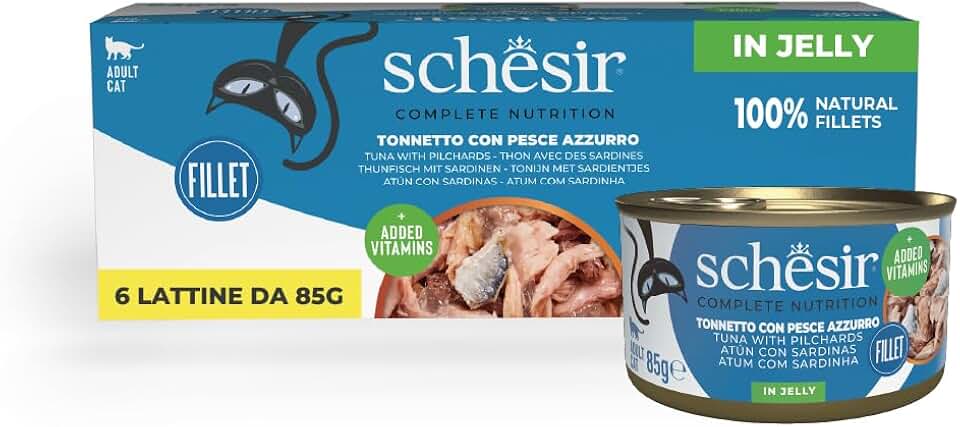 Schesir Atún con Pescado Azul en Gelatina, Comida Húmeda Gatos, 100% Natural, 6 x 85 g