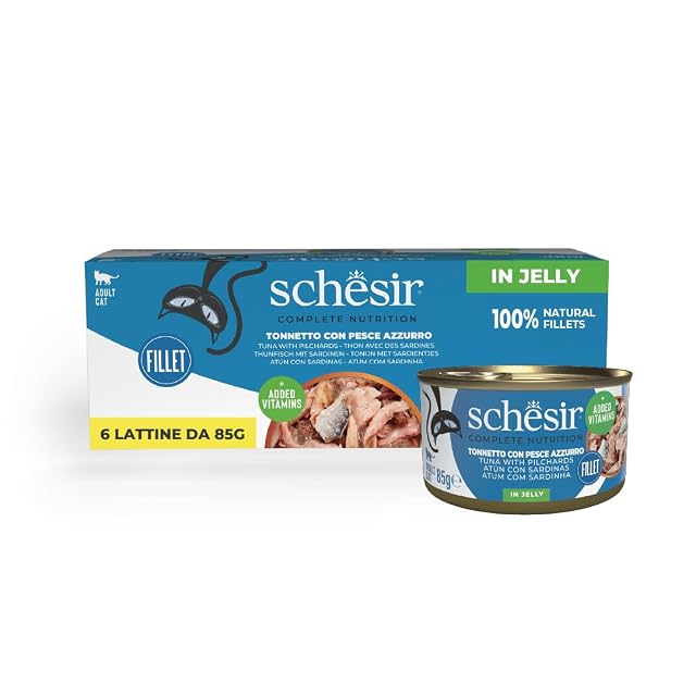 Schesir, Atún con Pescado Azul en Gelatina, Comida Húmeda Completa para Gatos, en Lata, con Vitaminas Añadidas