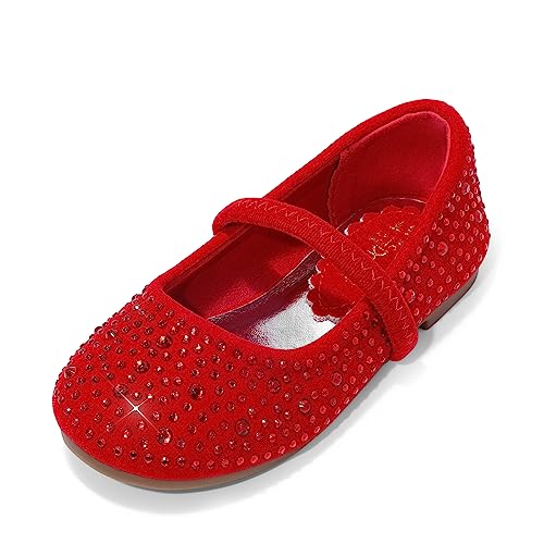 DREAM PAIRS Toddler Girls Dress Shoes Mary Jane Ballet Flats, Flower Girl Shoes with Rhinestone, Slip-on Toddler Mary Jane Flats 6 Toddler Red/Suede
